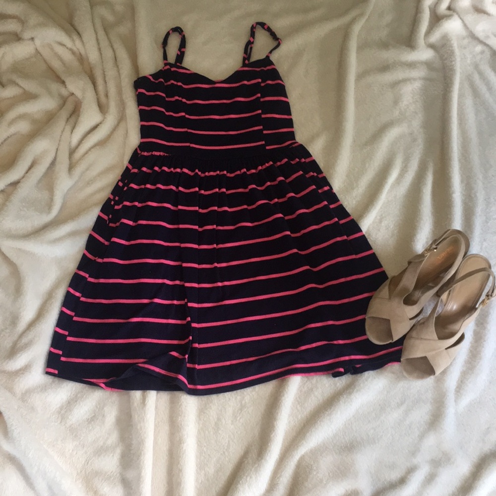 navy and pink striped dress